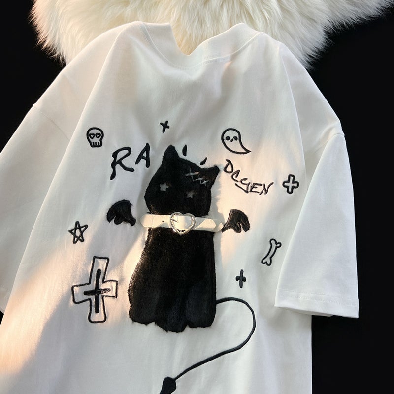 American Style Retro Embroidered Cat Short-Sleeved T-Shirt Women'S Sweet Cool Ins Loose Design Sense Niche Trendy Brand Subculture Top - Image 1