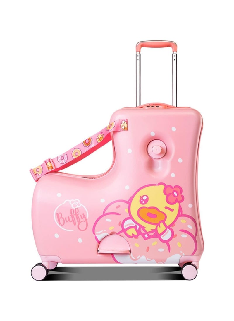 BLOOMING TIME - Kids Ride-On Duck Suitcase - 24" Hard Shell Carry-On with Safety Belt, Telescoping Handle, Foot Rest, and Trolley (Pink) - Image 1