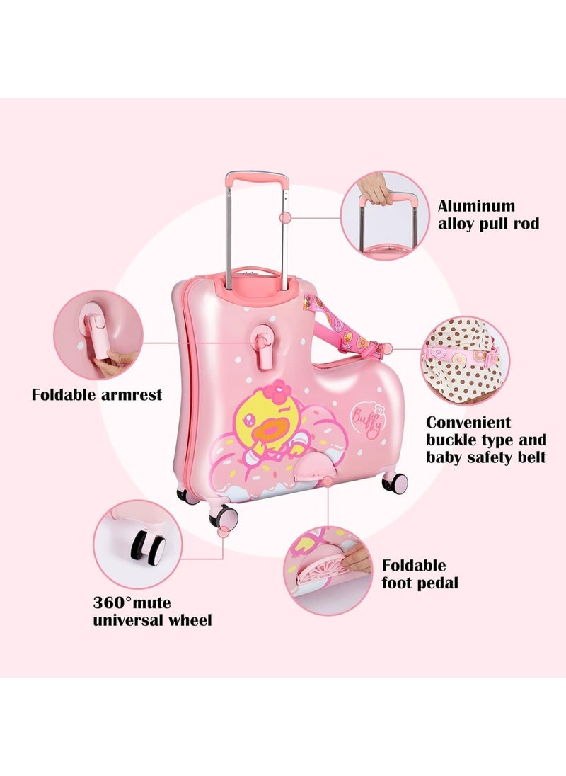 BLOOMING TIME - Kids Ride-On Duck Suitcase - 24" Hard Shell Carry-On with Safety Belt, Telescoping Handle, Foot Rest, and Trolley (Pink) - Image 1