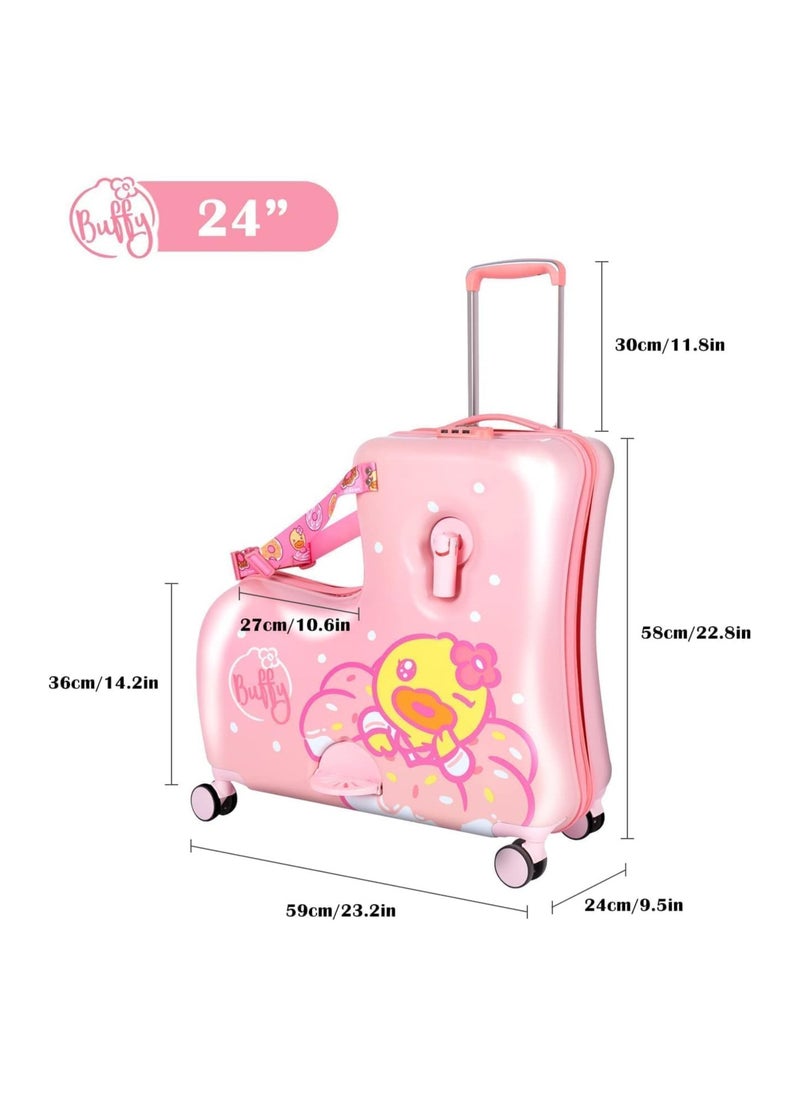 BLOOMING TIME - Kids Ride-On Duck Suitcase - 24" Hard Shell Carry-On with Safety Belt, Telescoping Handle, Foot Rest, and Trolley (Pink) - Image 1