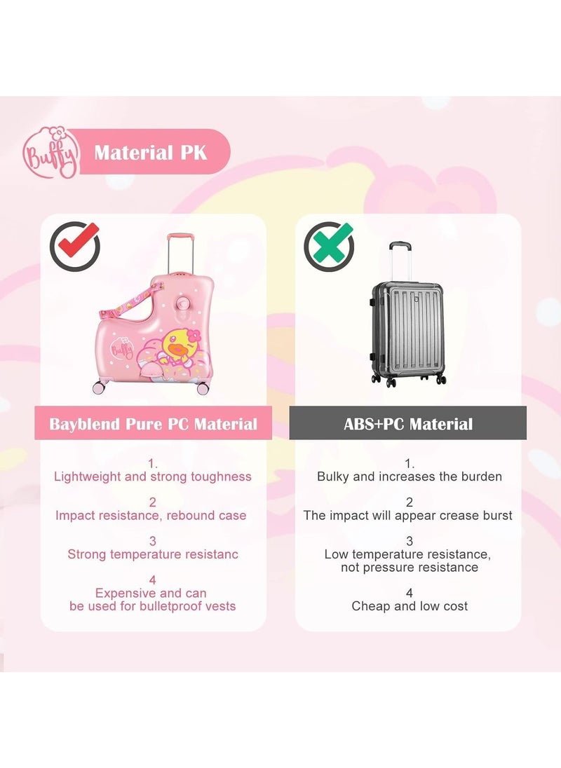 BLOOMING TIME - Kids Ride-On Duck Suitcase - 24" Hard Shell Carry-On with Safety Belt, Telescoping Handle, Foot Rest, and Trolley (Pink) - Image 1
