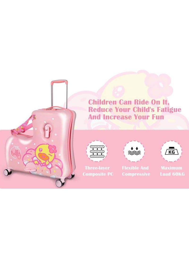BLOOMING TIME - Kids Ride-On Duck Suitcase - 24" Hard Shell Carry-On with Safety Belt, Telescoping Handle, Foot Rest, and Trolley (Pink) - Image 1