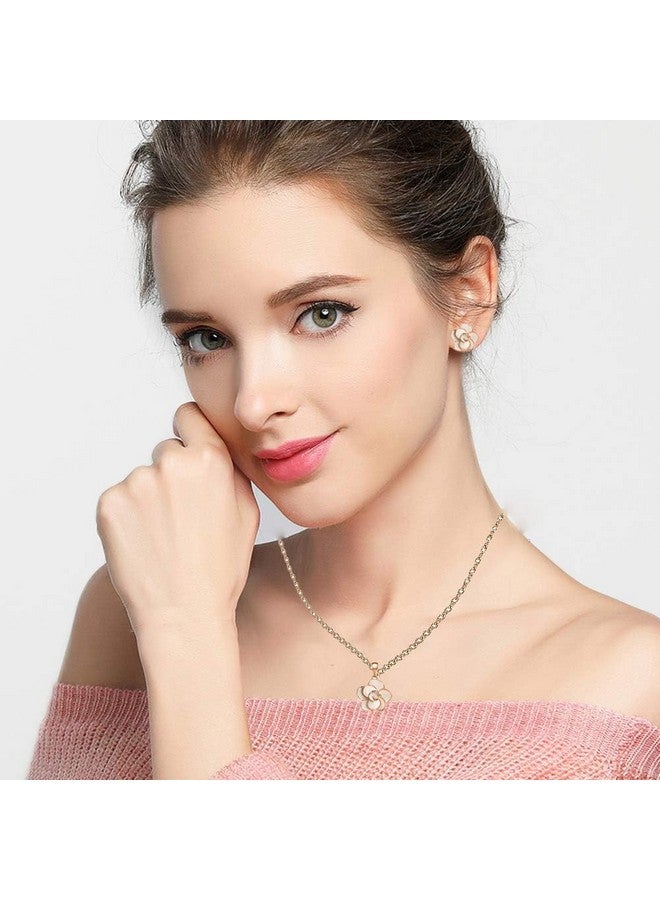 EVEVIC Rose Flower Necklace Earrings Set For Women 18K Gold Plated Jewelry Sets (White) - Image 2