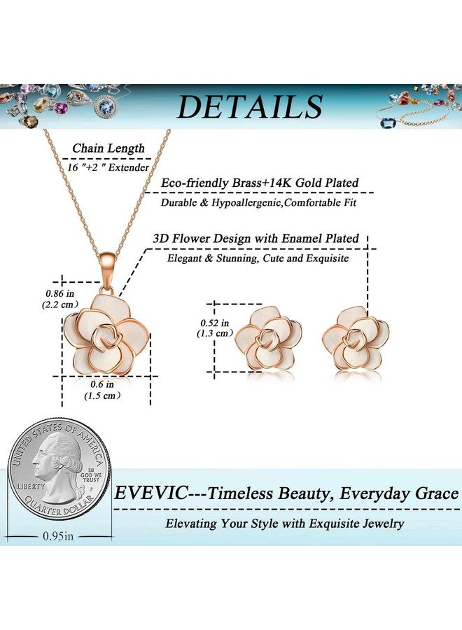 EVEVIC Rose Flower Necklace Earrings Set For Women 18K Gold Plated Jewelry Sets (White) - Image 4
