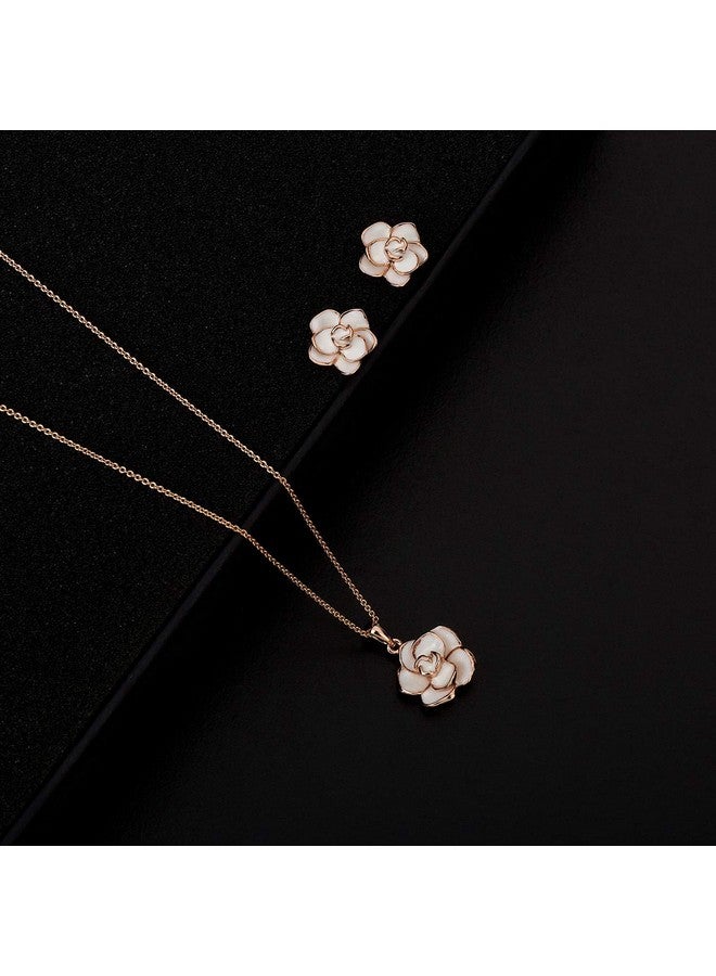 EVEVIC Rose Flower Necklace Earrings Set For Women 18K Gold Plated Jewelry Sets (White) - Image 3