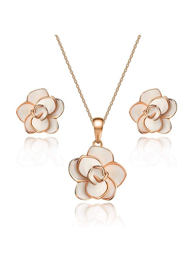 EVEVIC Rose Flower Necklace Earrings Set For Women 18K Gold Plated Jewelry Sets (White) - Image 1