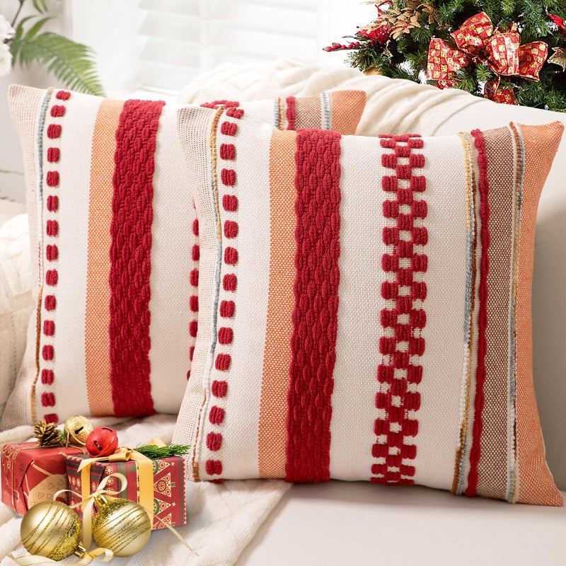 WANLIRD Boho Throw Pillow Covers 18x18 Set of 2 Christmas Decorative Cushion Case Striped Square Pillows Cover Chenille Pillow Cases Accent Neutral Pillowcase for Sofa Couch BedRed - Image 2