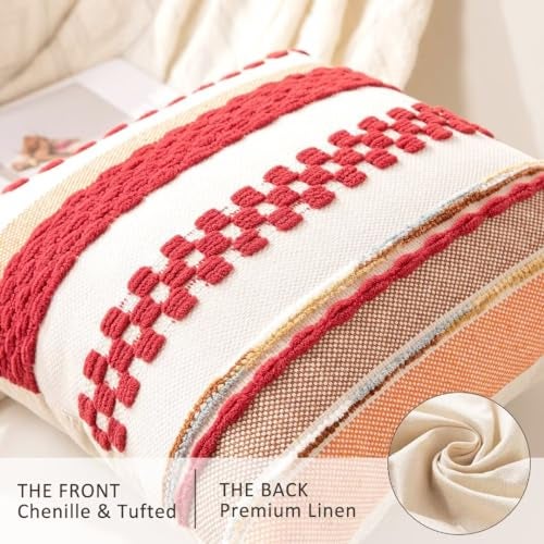WANLIRD Boho Throw Pillow Covers 18x18 Set of 2 Christmas Decorative Cushion Case Striped Square Pillows Cover Chenille Pillow Cases Accent Neutral Pillowcase for Sofa Couch BedRed - Image 3