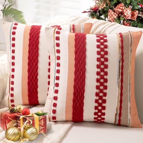 WANLIRD Boho Throw Pillow Covers 18x18 Set of 2 Christmas Decorative Cushion Case Striped Square Pillows Cover Chenille Pillow Cases Accent Neutral Pillowcase for Sofa Couch BedRed - Image 1