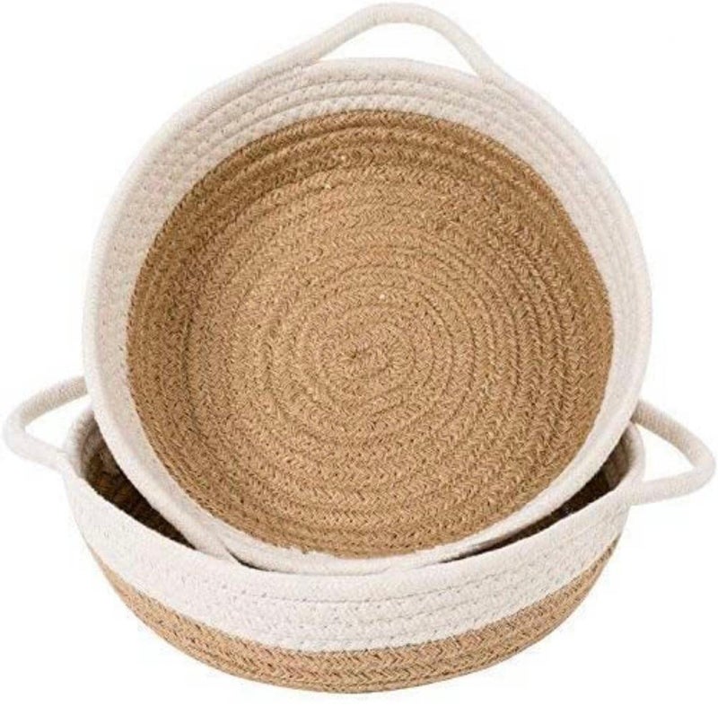 EDEN LIVING Small box mini rope paper storage JUTE basket woven laundry bag brown hamper baby nursery tray bucket organizer for kids toys, fruits, kitchen, office, shelf(Set of 3) (WHITE BEIGE)  - Image 2