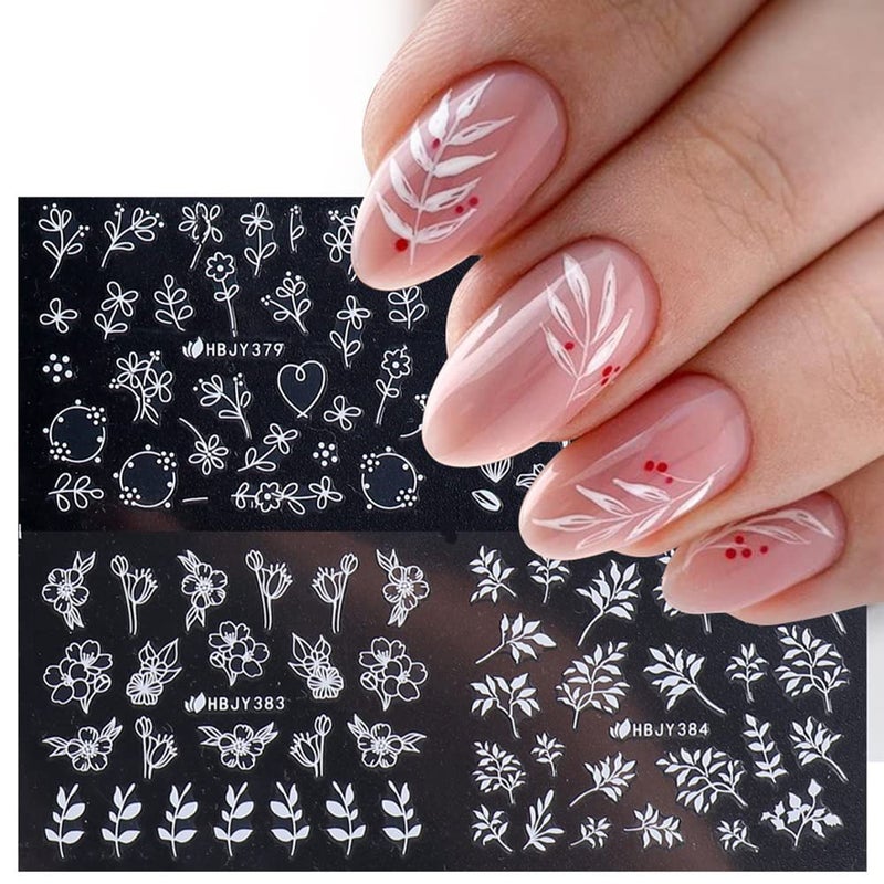 SPLOCUDU Flowers Nail Decals 3D Self-Adhesive White Floral Nail Art Stickers Wedding Lace Floral Nail Supplies Retro Vine Leaf Pattern Design Luxury Crown Nail Decorations for Women Girls(373-384 White) - Image 2