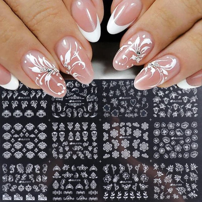 SPLOCUDU Flowers Nail Decals 3D Self-Adhesive White Floral Nail Art Stickers Wedding Lace Floral Nail Supplies Retro Vine Leaf Pattern Design Luxury Crown Nail Decorations for Women Girls(373-384 White) - Image 1