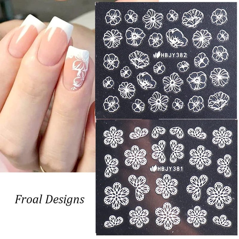 SPLOCUDU Flowers Nail Decals 3D Self-Adhesive White Floral Nail Art Stickers Wedding Lace Floral Nail Supplies Retro Vine Leaf Pattern Design Luxury Crown Nail Decorations for Women Girls(373-384 White) - Image 5