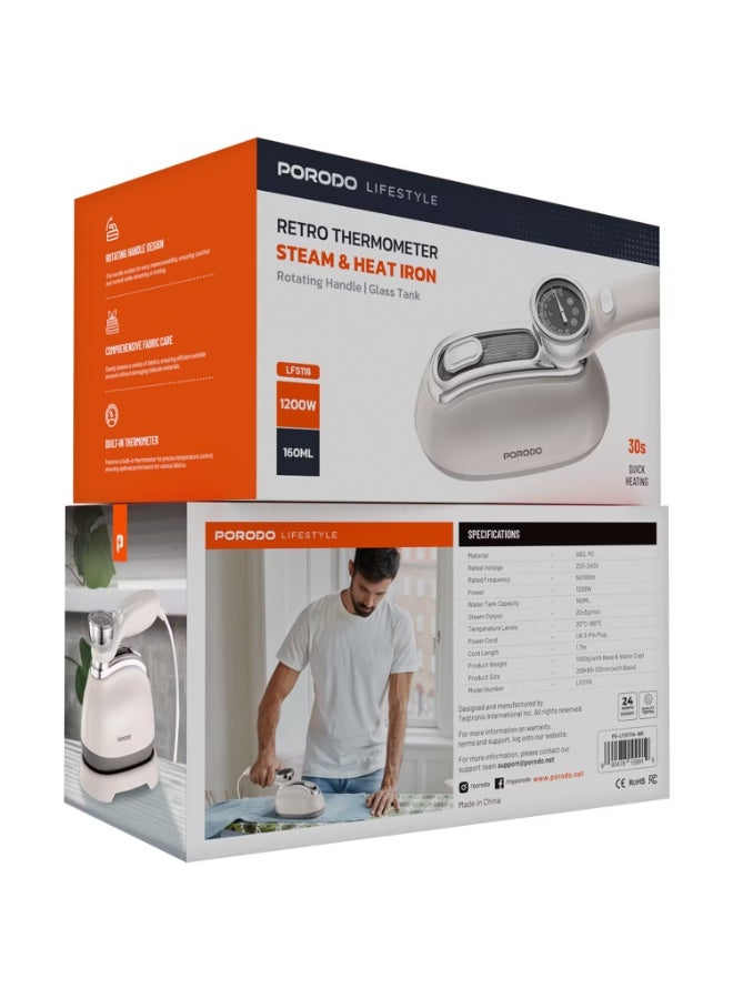 porodo Porodo Lifestyle Retro Thermometer Steam & Heat Iron with Rotating Handle Design, 1200W, Built-in Thermometer, 30-Second Quick Heating, 160ML Water Tank, 220-240V, UK 3-Pin Plug - White - Image 4