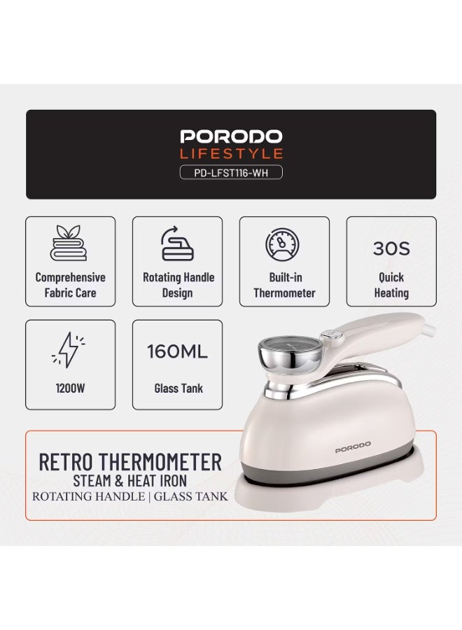 porodo Porodo Lifestyle Retro Thermometer Steam & Heat Iron with Rotating Handle Design, 1200W, Built-in Thermometer, 30-Second Quick Heating, 160ML Water Tank, 220-240V, UK 3-Pin Plug - White - Image 5