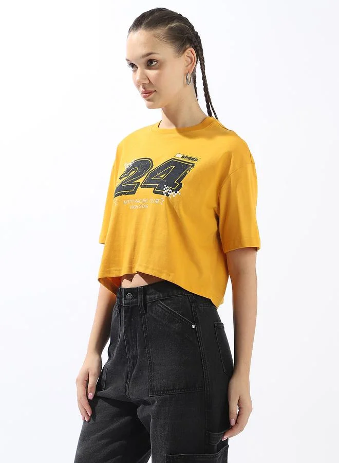 HIGH STAR Women's Yellow 100% Cotton Printed Boxy Fit T-Shirt
