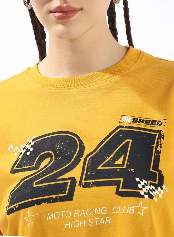HIGH STAR Women's Yellow 100% Cotton Printed Boxy Fit T-Shirt