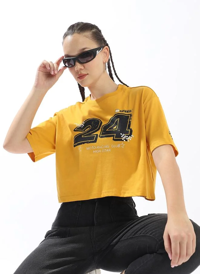 HIGH STAR Women's Yellow 100% Cotton Printed Boxy Fit T-Shirt