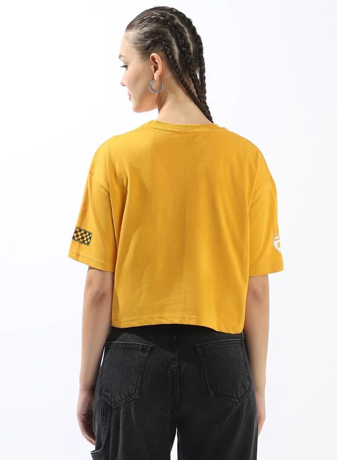 HIGH STAR Women's Yellow 100% Cotton Printed Boxy Fit T-Shirt