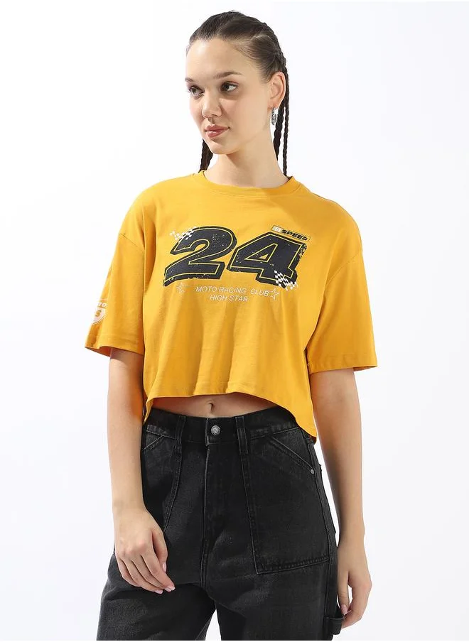 HIGH STAR Women's Yellow 100% Cotton Printed Boxy Fit T-Shirt