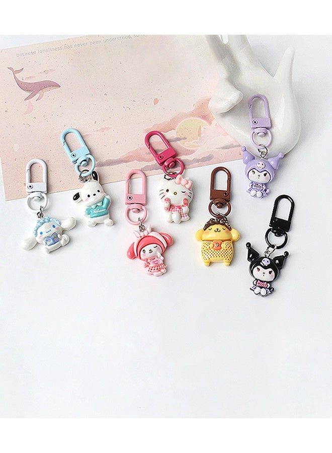 Sanrio 7Pcs Cute Cartoon Character Keychain Set, Resin Mini Bag Charm Pendant, Lovely Decorative Key Ring Accessory For Girls Gift Collection - Image 3