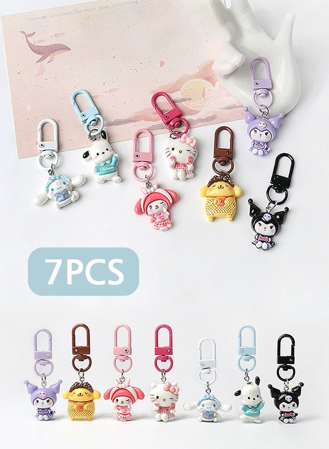 Sanrio 7Pcs Cute Cartoon Character Keychain Set, Resin Mini Bag Charm Pendant, Lovely Decorative Key Ring Accessory For Girls Gift Collection - Image 1