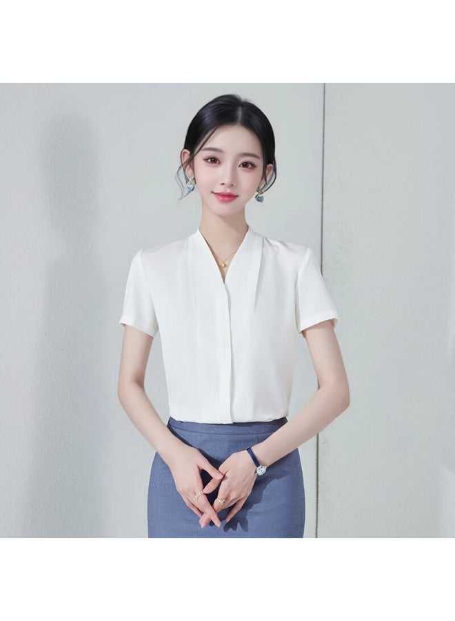 Teluoman White Chiffon Short Sleeve Shirt Women Summer V-neck Professional Attire Elegant Teacher's Wear Dress Interview Ol Blouse - Image 1