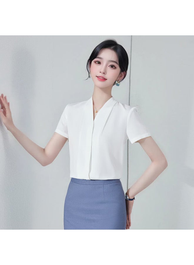 Teluoman White Chiffon Short Sleeve Shirt Women Summer V-neck Professional Attire Elegant Teacher's Wear Dress Interview Ol Blouse - Image 5