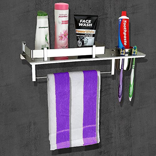 GLOXY ENTERPRISE 3 in 1 Shelf Rack for Bathroom Multipurpose Stainless Steel Bathroom Shelf/Rack/Towel Hanger/Tumbler Holder/Tooth Brush Holder Bathroom Accessories (15 x 5 Inches) - Image 2