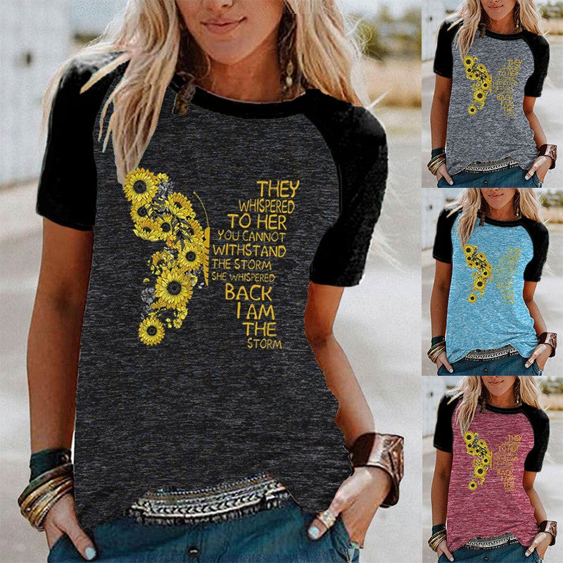 wish Flower Butterfly Print Raglan Contrast Short-Sleeved T-Shirt - Image 2