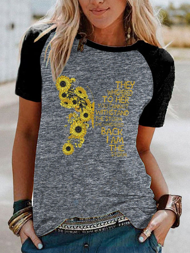 wish Flower Butterfly Print Raglan Contrast Short-Sleeved T-Shirt - Image 5