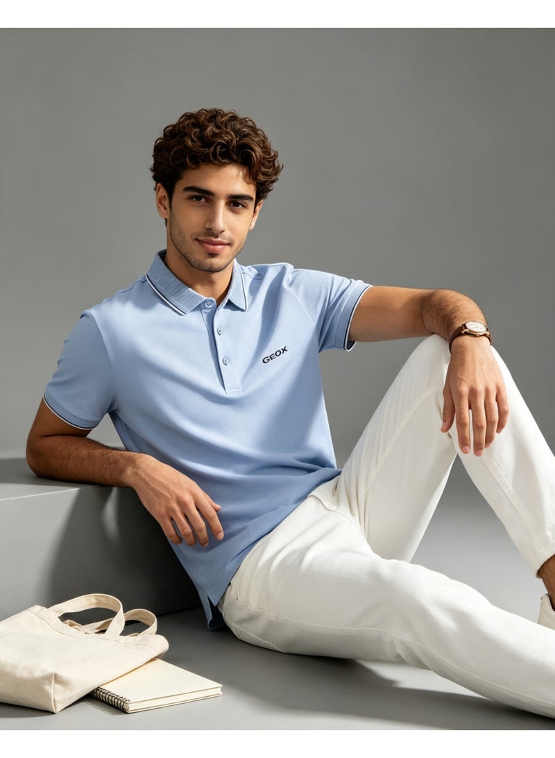 GEOX Men Classic Striped Collar Short Sleeve Polo Shirt Daily Business Casual Wear Sky Blue - Image 3