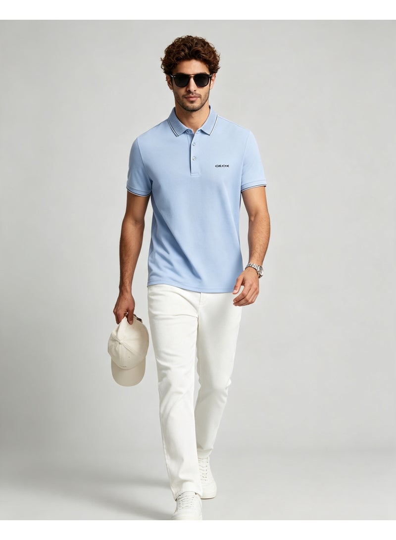 GEOX Men Classic Striped Collar Short Sleeve Polo Shirt Daily Business Casual Wear Sky Blue - Image 2