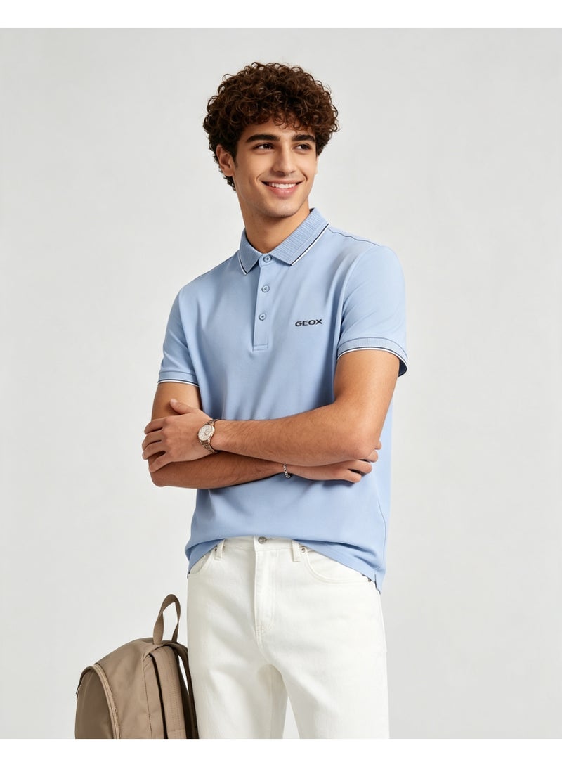 GEOX Men Classic Striped Collar Short Sleeve Polo Shirt Daily Business Casual Wear Sky Blue - Image 4