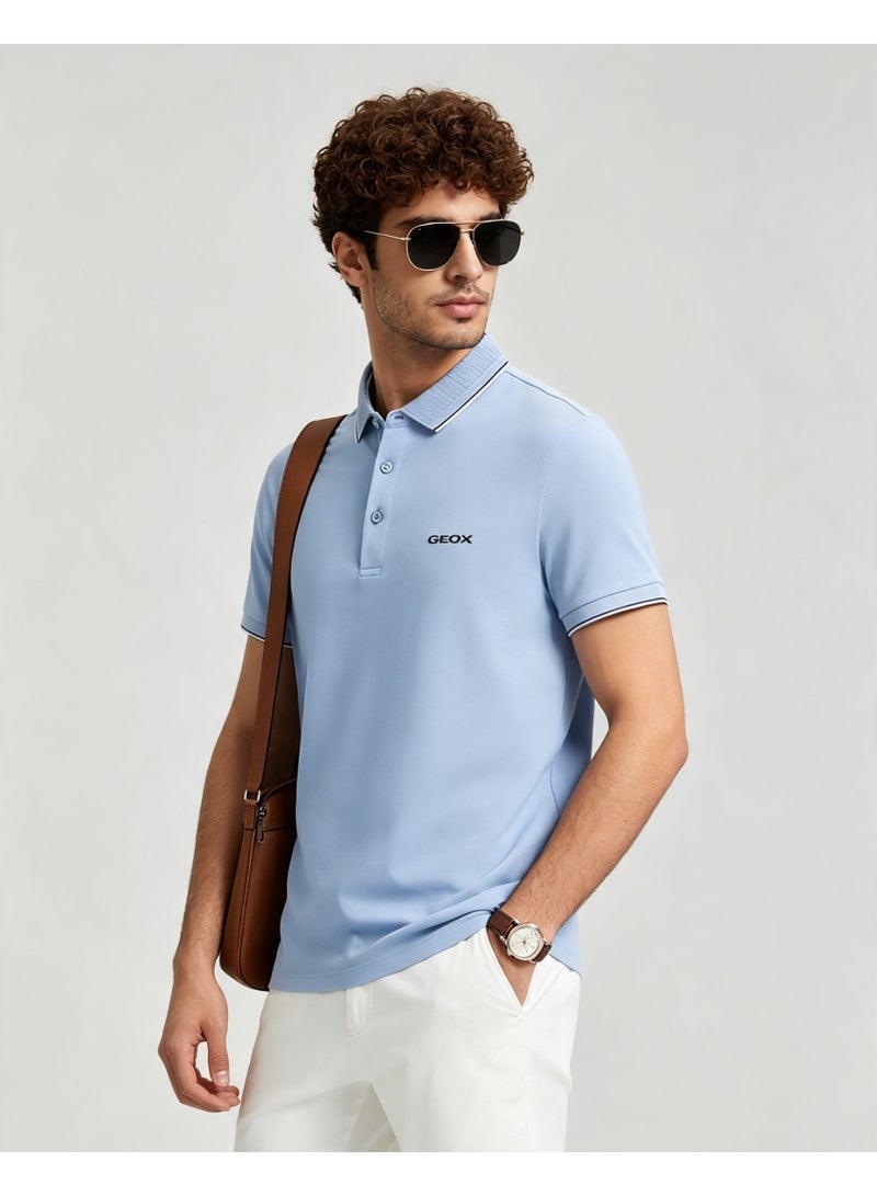 GEOX Men Classic Striped Collar Short Sleeve Polo Shirt Daily Business Casual Wear Sky Blue - Image 5