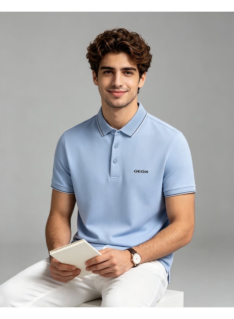 GEOX Men Classic Striped Collar Short Sleeve Polo Shirt Daily Business Casual Wear Sky Blue - Image 1