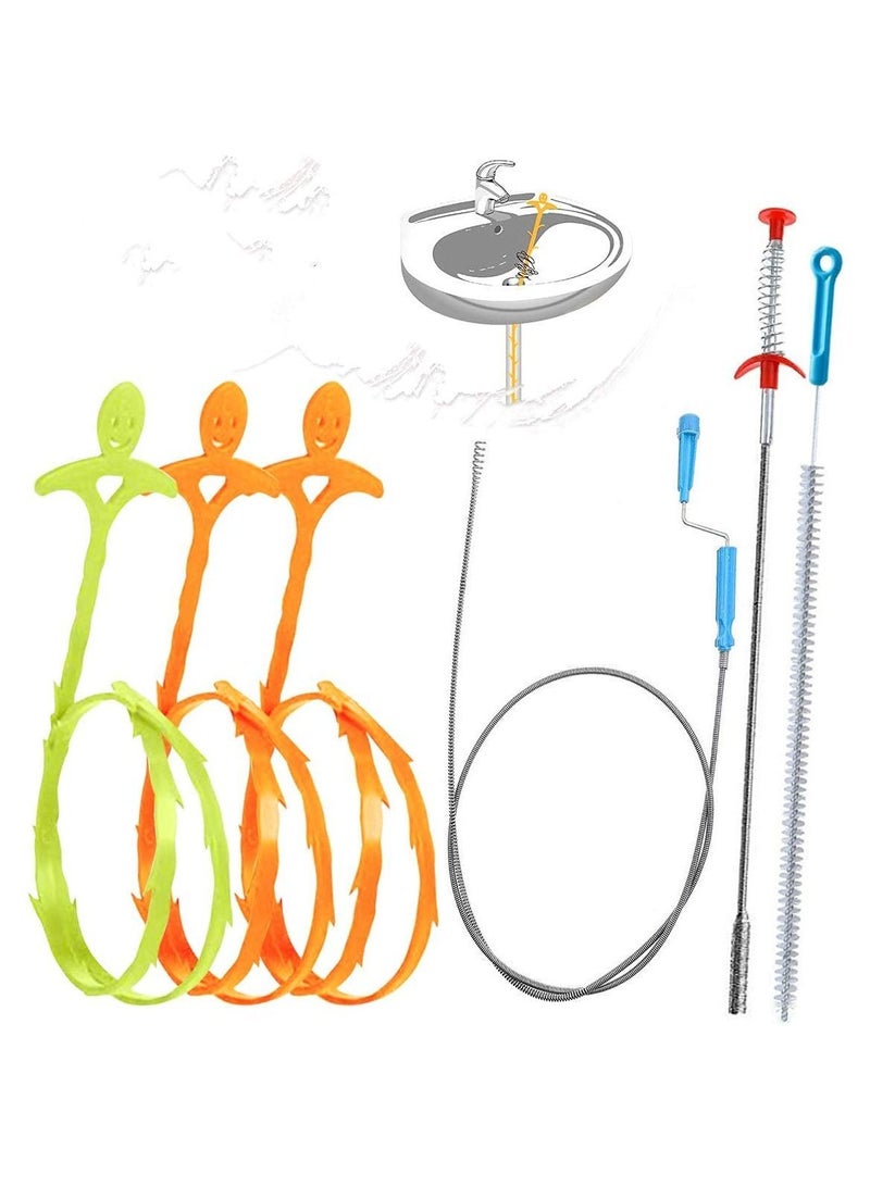 Drain Depilator Sink Dredge Cleaning Tool Kit, Suitable for Kitchen Bathroom Bathtub (6 in 1 2*stainless Block Remover+3*plastic Snake+1*drain Brush) - Image 1