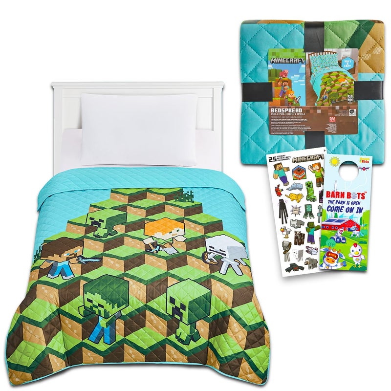 Minecraft Twin Bedding Set for Kids Bundle with Quilted Bedspread Plus Stickers