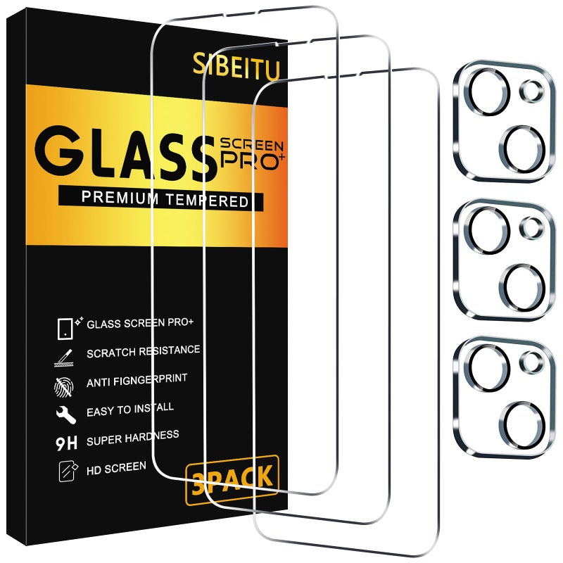 SIBEITU 3 Pack Screen Protector for iPhone 14 Plus with 3 Pack Camera Lens Tempered Glass Protector, 6.7 Inch HD Clear Tempered Glass Film 9H Hardness Full Coverage, Anti-Scratch, No Air Bubbles - Image 1