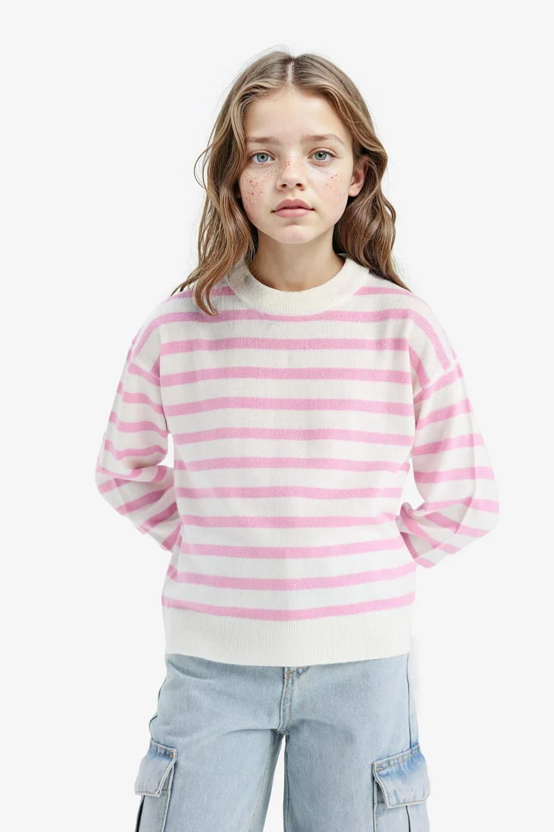 ديفاكتو Girl Standard Fit Crew Neck Striped Pullover