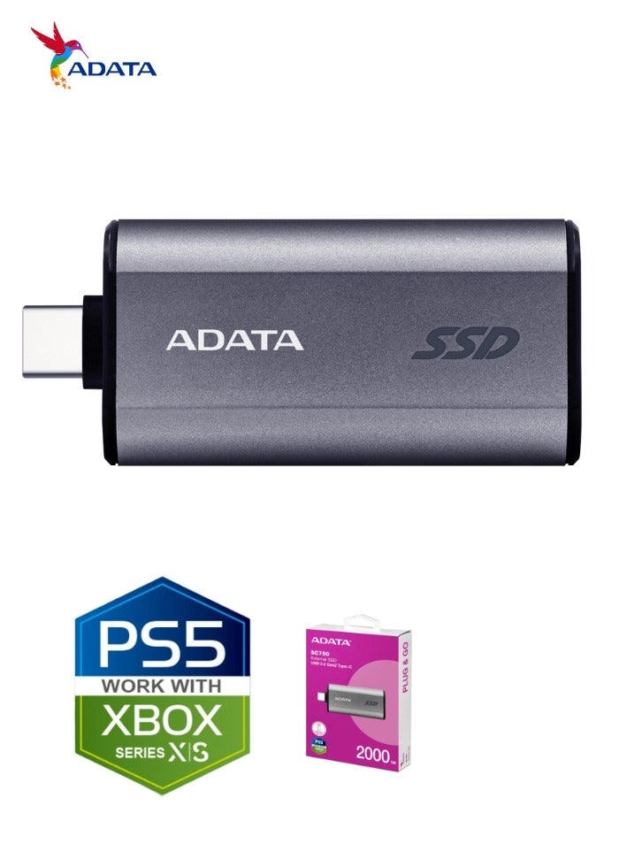 ADATA SC750 2000GB External Portable SSD USB-C 3.2 Gen 2 Compatible with PS5 XBOX | High-speed Up to 1050 MB/s- | Black Titanium  - Image 1