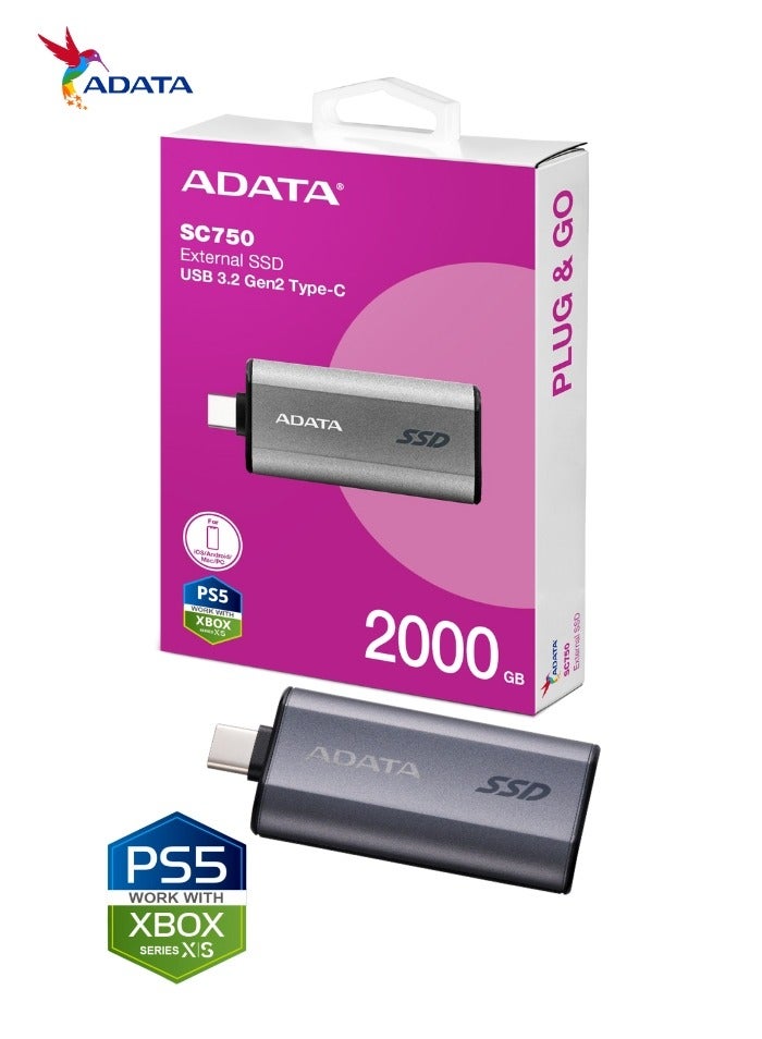 ADATA SC750 2000GB External Portable SSD USB-C 3.2 Gen 2 Compatible with PS5 XBOX | High-speed Up to 1050 MB/s- | Black Titanium  - Image 2