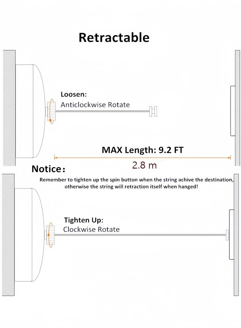 Retractable Clothesline SUS304 Stainless Steel Clothes Dryer with Adjustable Rope String Hotel Style Heavy Duty, Drill Free or Screw Wall Mount, 9.2 Feets, Polished Chrome Finish - Image 3