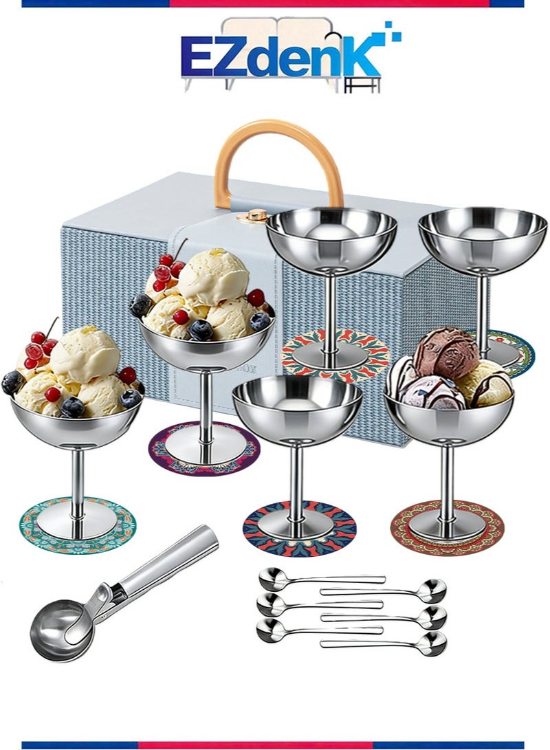 EZdenK Stainless Steel Dessert Cup Gift Set Includes 6 Dessert Cups，6 Spoons，1 Ice Cream Scoop，And 6 Coasters Round-Bottomed Yogurt，Snack，And Candy Cups Perfect For Salads，Fruit，Puddings，And Parties Ideal Gift Choice （Silver） - Image 1