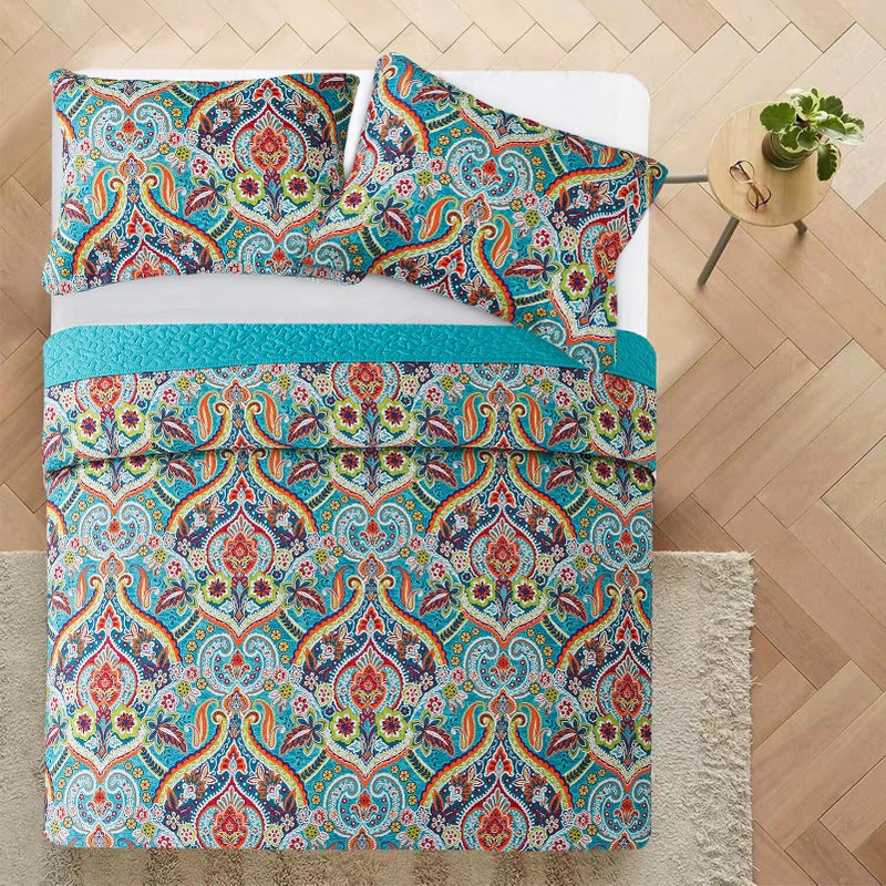 VAPUTAR Quilt King Bedding Set - Soft Cotton Quilts with Paisley Floral Pattern - Lightweight Reversible Bedspreads for Farmhouse (3 Pieces, Bright Teal) - Image 4
