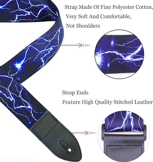IMAGINEA Guitar Strap with PU Leather Ends | Modern & Comfortable Design | Adjustable Guitar Belt for Acoustic/Bass/Electric Guitars (Blue Thunder Strap+5Picks) - Image 5