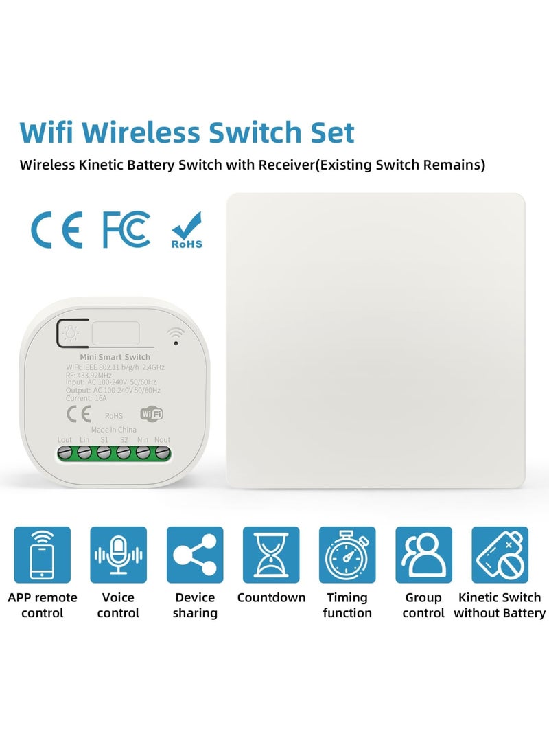 Luckam Smart Wall Light Switch, WiFi Smart Wireless Lights Switch Kit, 16A 250V 1-Way/ 2-Way(Switch&Receiver), No Wiring No Battery Waterproof Switch Compatible with Alexa & Google Assistant Timing Function - Image 2