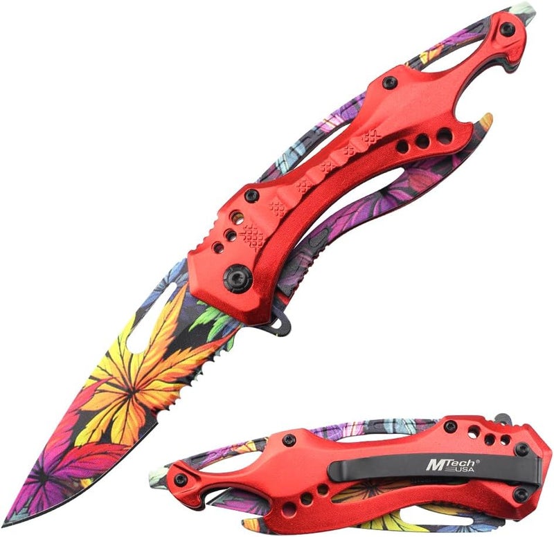MTECH USA Folding Knife, 3.75-Inch Half-Serrated Blade, Titanium Coating, Glass Breaker, Pocket Clip - Image 1