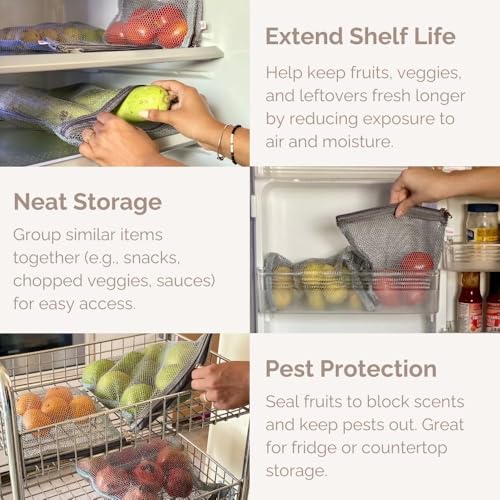 MASON HOME Net/Mesh Premium Grey Zipped Fridge Storage Bag - Set of 3 - L: 15" X 12", M: 12" X 10.5", S: 9.5" X 8.5" | Organize Vegetables, Fruits, Grocery in Kitchen | Higher Airflow & Less Spoilage - Image 4