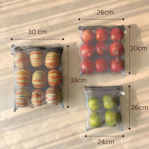 MASON HOME Net/Mesh Premium Grey Zipped Fridge Storage Bag - Set of 3 - L: 15" X 12", M: 12" X 10.5", S: 9.5" X 8.5" | Organize Vegetables, Fruits, Grocery in Kitchen | Higher Airflow & Less Spoilage - Image 3